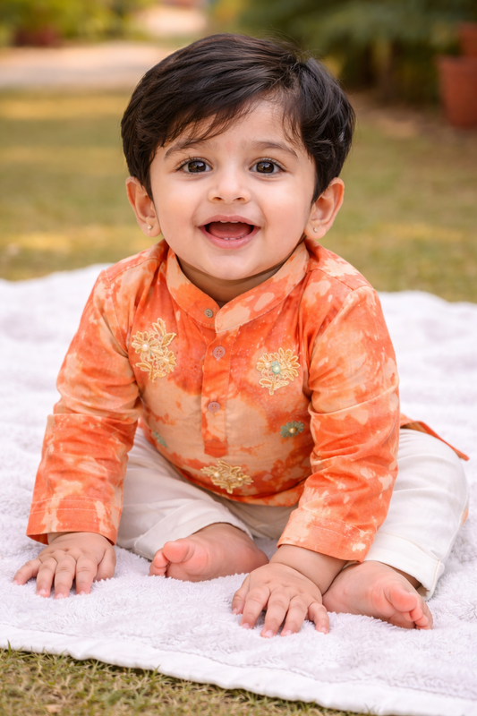 Orange Tie Dye Cotton Kurta Set for Boys | Festive Kurta Pajama for Baby & Kids