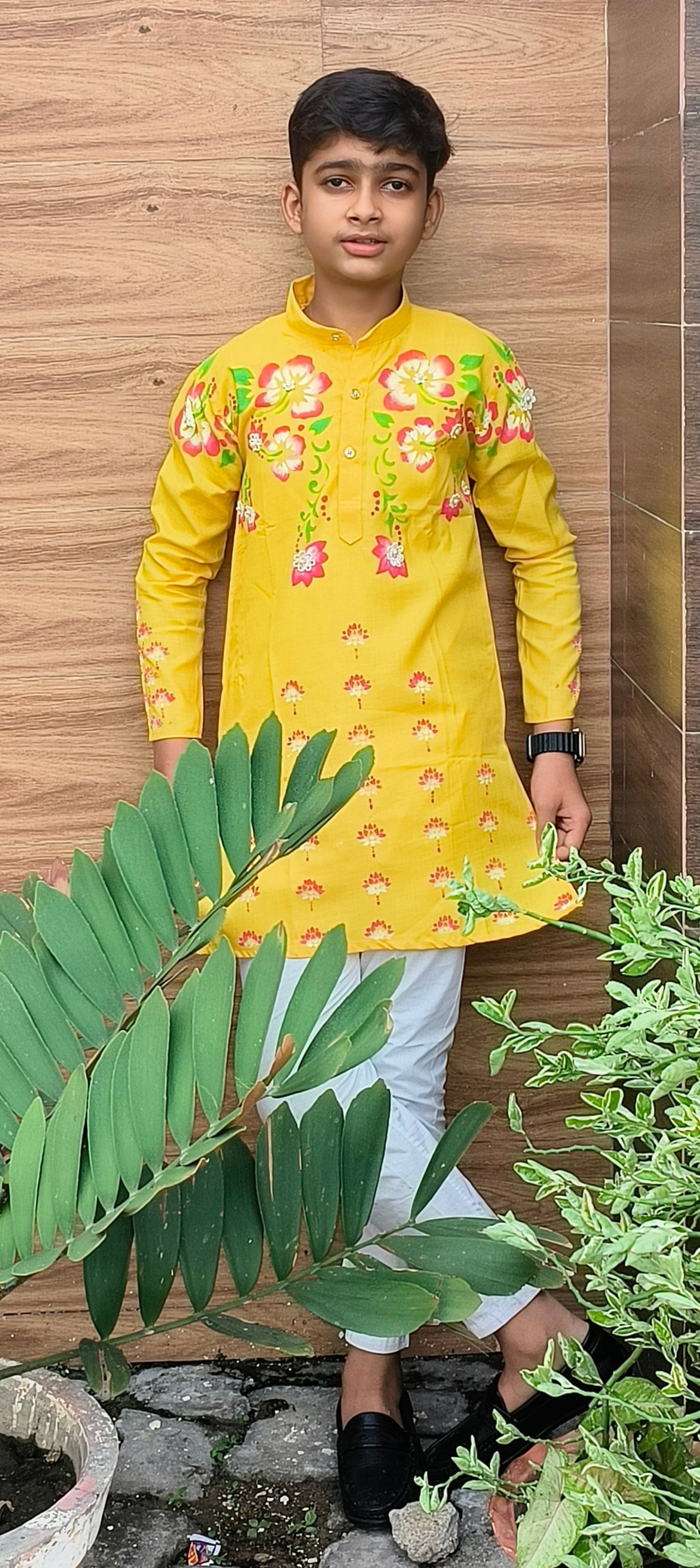 Vishnu Style Hand Printed Yellow 100% Cotton Kurta Set For Boys