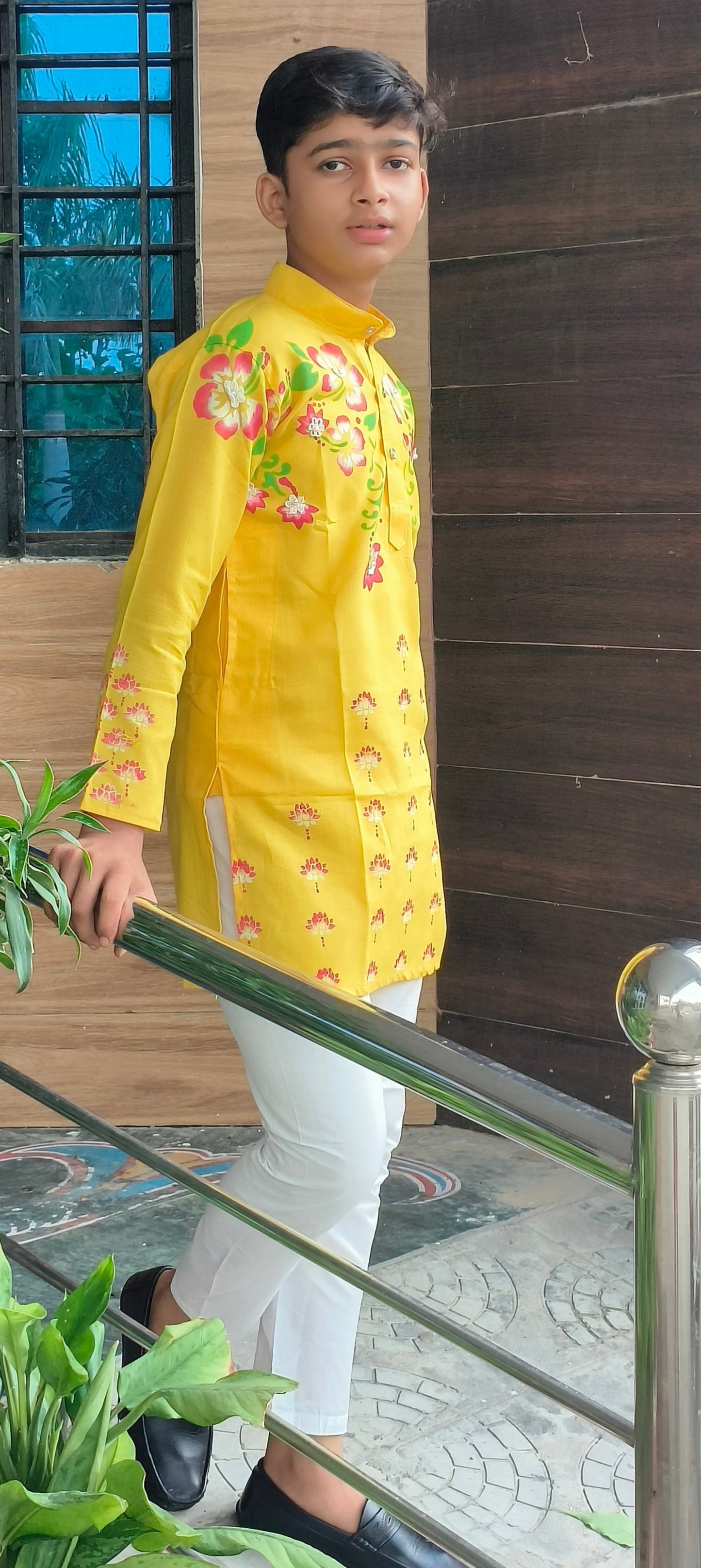 Vishnu Style Hand Printed Yellow 100% Cotton Kurta Set For Boys