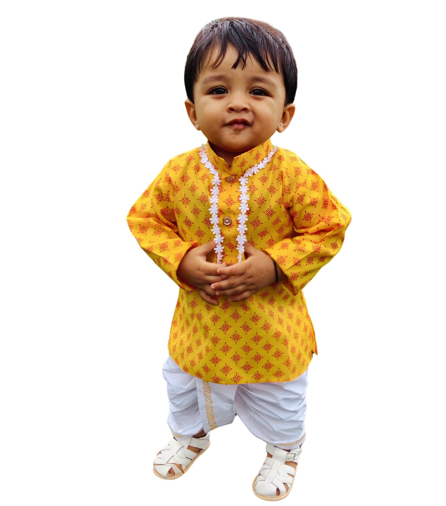 babyNjungle -Infant-Toddler-100% cotton yellow printed Ethnic Wear dhoti kurta set for Boys