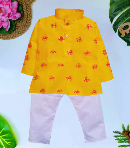 Babynjungle Infant kids Ethnic Wear  Mustard Yellow Hand Printed kurta set for Boys