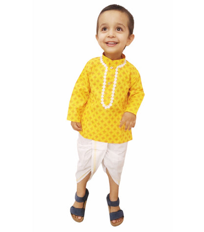 babyNjungle -Infant-Toddler-100% cotton yellow printed Ethnic Wear dhoti kurta set for Boys