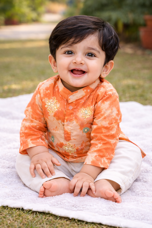 Orange Tie Dye Cotton Kurta Set for Boys | Festive Kurta Pajama for Baby & Kids